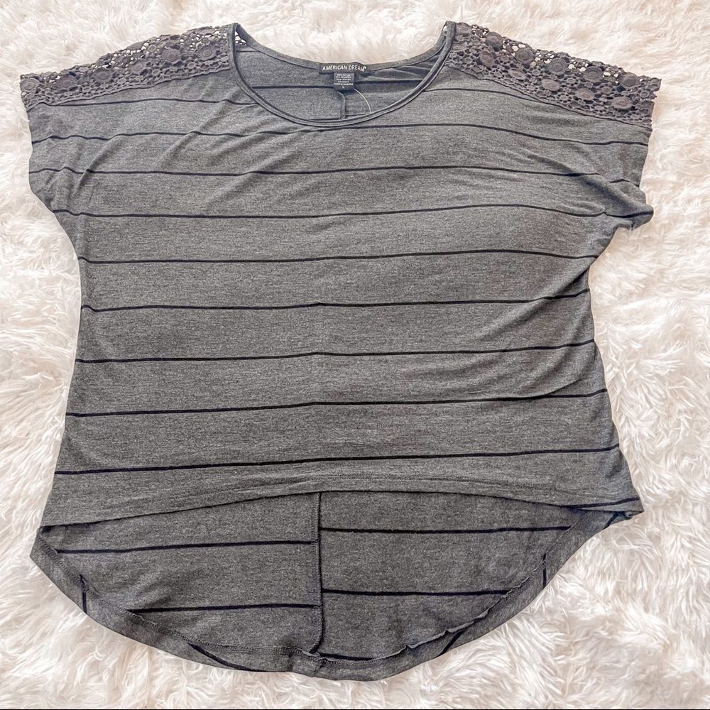 American Dream Gray w/Black Stripes Hi Low T Shirt w/Crochet Detail; SZ L; BNWT
